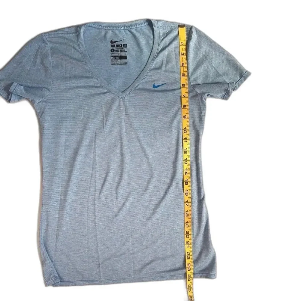 Nike Women's S V-Neck Legend Dri-Fit Blue White Stripe T-shirt Short Sleeve Tee